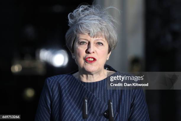 Prime Minister Theresa May makes a statement to the nation in Downing Street on April 18, 2017 in London, United Kingdom. The Prime Minister has...