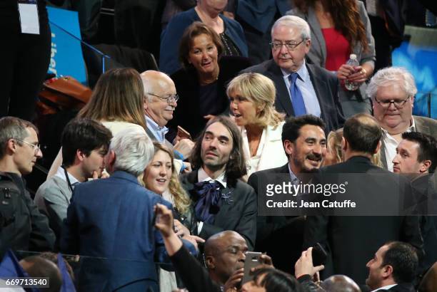 Brigitte Macron aka Brigitte Trogneux , Erik Orsenna, Cedric Villani, Jean-Paul Huchon attend the campaign rally of French presidential candidate...