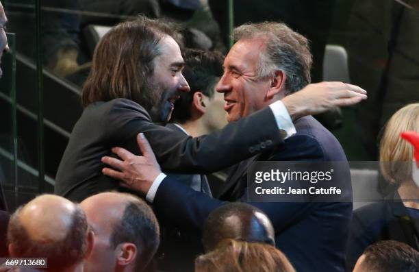 Cedric Villani, Francois Bayrou attend the campaign rally of French presidential candidate Emmanuel Macron at AccorHotels Arena on April 17, 2017 in...