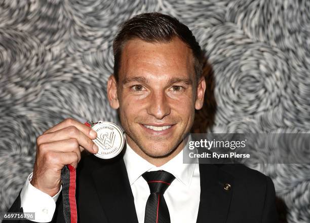 Brendon Santalab of the Wanderers poses with his Wanderers A-League Player of the Year Medal at the Western Sydney Wanderers Medal Night at the...