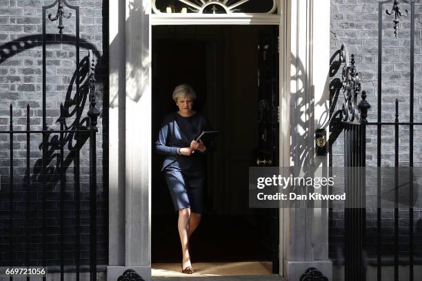 Prime Minister Theresa May prepares to make a statement to the nation in Downing Street on April 18, 2017 in London, United Kingdom. The Prime...