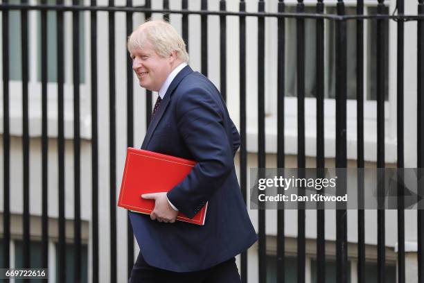 Foreign Secretary Boris Johnson leaves 10 Downing Street after Prime Minister Theresa May announced a General Election on April 18, 2017 in London,...