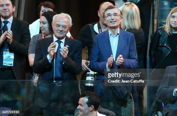 Jean Arthuis, Philippe Douste-Blazy attend the campaign rally of French presidential candidate Emmanuel Macron at AccorHotels Arena on April 17, 2017...