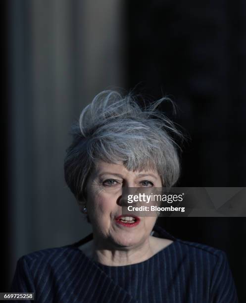 Theresa May, U.K. Prime minister, announces a general election outside 10 Downing Street in London, U.K., on Tuesday, April 18, 2017. May said she...