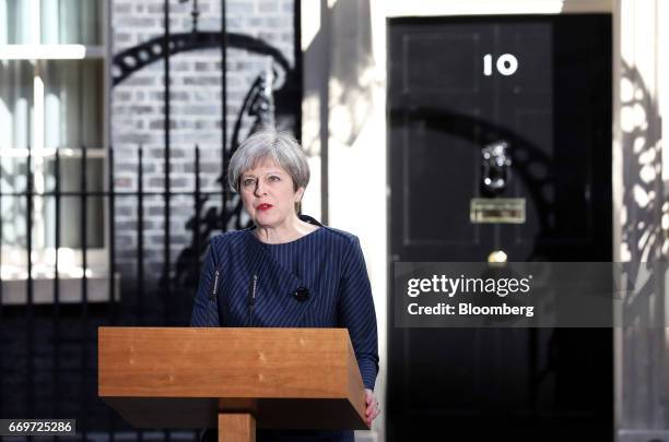 Theresa May, U.K. Prime minister, announces a general election outside 10 Downing Street in London, U.K., on Tuesday, April 18, 2017. May said she...