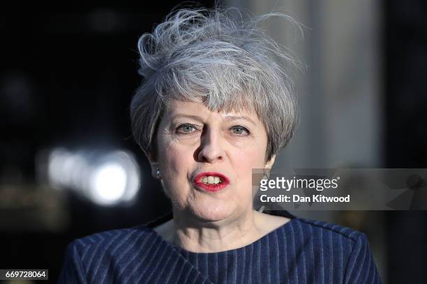 Prime Minister Theresa May makes a statement to the nation in Downing Street on April 18, 2017 in London, United Kingdom. The Prime Minister has...