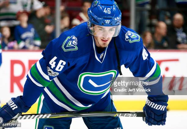 Jayson Megna of the Vancouver Canucks waits for a face-off during their NHL game against the Anaheim Ducks at Rogers Arena March 28, 2017 in...