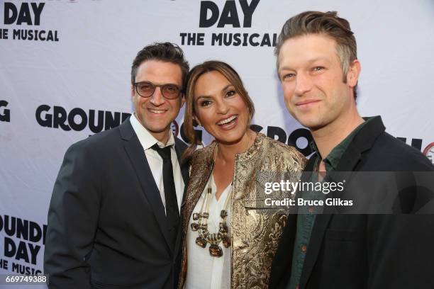 Raul Esparza, Mariska Hargitay and Peter Scanavino pose at the opening night of the new musical based on the film "Groundhog Day" on Broadway at The...