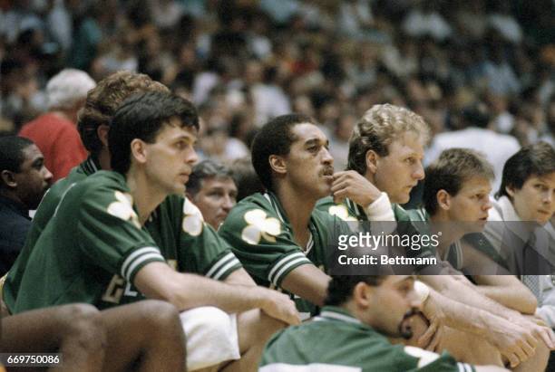 Celtics’ Kevin McHale, Dennis Johnson, Larry Bird and Danny Ainge watch helplessly as the Lakers take a 2-0 lead in the best of seven late during the...