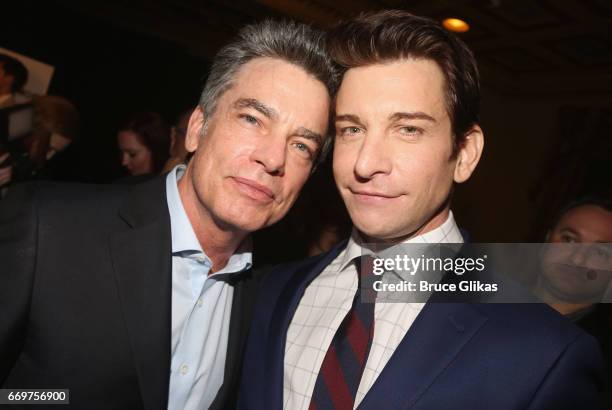 Peter Gallagher and Andy Karl pose at the opening night after party for the musical based on the film "Groundhog Day" on Broadway at Gotham Hall on...