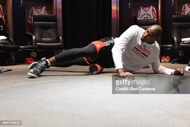 Serge Ibaka of the Toronto Raptors stretches before the Round One of the Eastern Conference Playoffs game against the Indiana Pacers during the 2017...