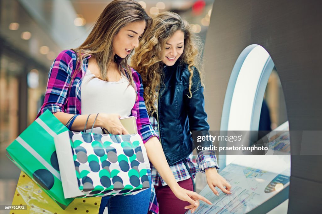 Girlfriends are looking store directory in the Mall
