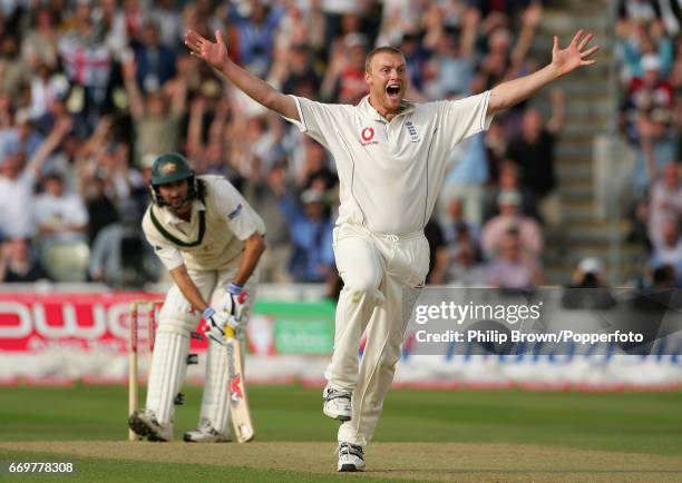 England's Andrew Flintoff appeals and dismisses Australia's Jason Gillespie lbw during the 2nd Ashes Test match between England and Australia at...