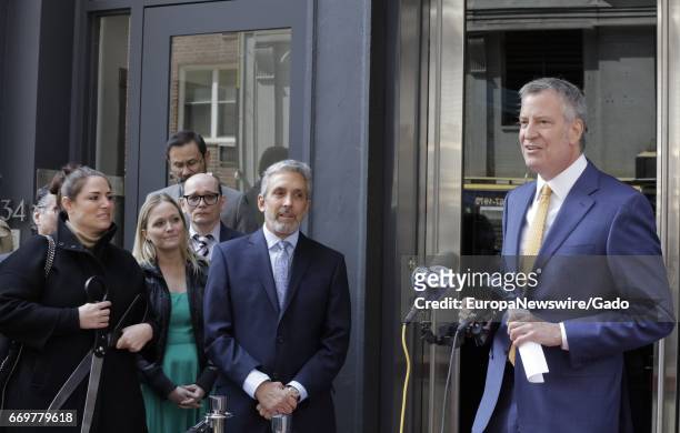 Mayor Bill de Blasio attends a ribbon-cutting ceremony for the relaunch of the Quad Cinema in Greenwich Village, New York City, New York, April 13,...