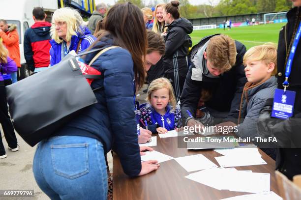 Fans take part in the Make Dreams Goals competition during the SSE Women's FA Cup Semi-Final match between Birmingham City Ladies and Chelsea Ladies...