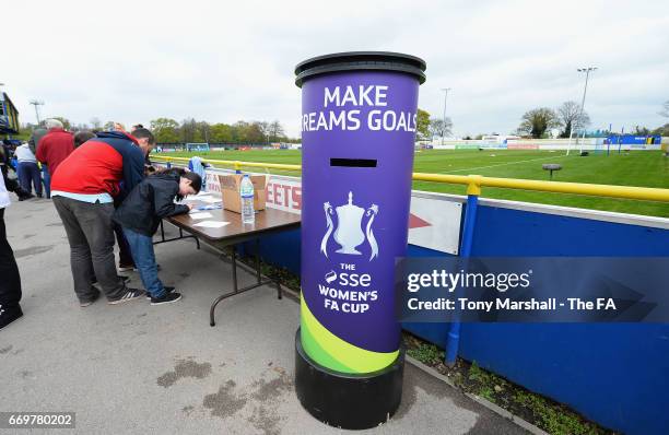 Fans take part in the Make Dreams Goals competition during the SSE Women's FA Cup Semi-Final match between Birmingham City Ladies and Chelsea Ladies...