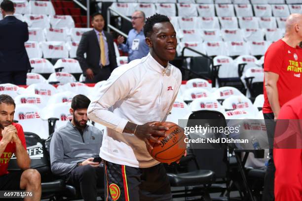 Dennis Schroder of the Atlanta Hawks warms up before the Eastern Conference Quaterfinals against the Washington Wizards during the 2017 NBA Playoffs...