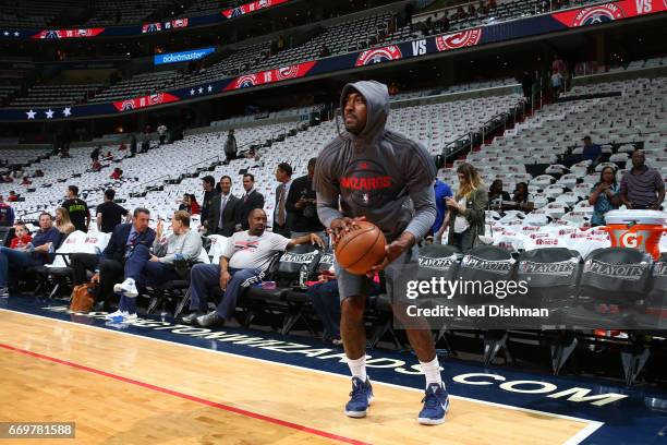 John Wall of the Washington Wizards warms up before the Eastern Conference Quaterfinals against the Atlanta Hawks during the 2017 NBA Playoffs on...