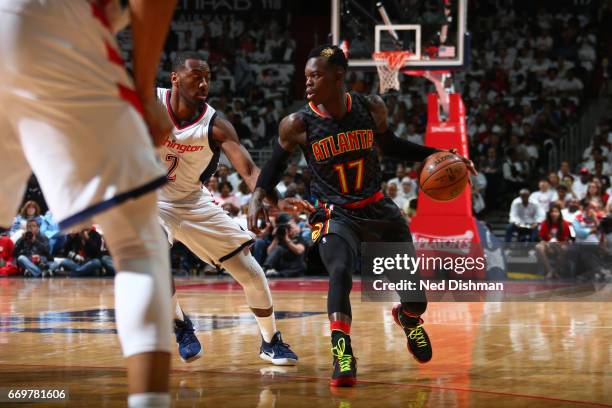 Dennis Schroder of the Atlanta Hawks dribbles the ball during the Eastern Conference Quaterfinals game against the Washington Wizards during the 2017...