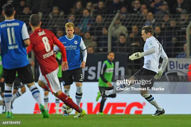 Daniel Davari of Bielefeld misses to kick the ball far away during the Second Bundesliga match between DSC Arminia Bielefeld and VfB Stuttgart at...