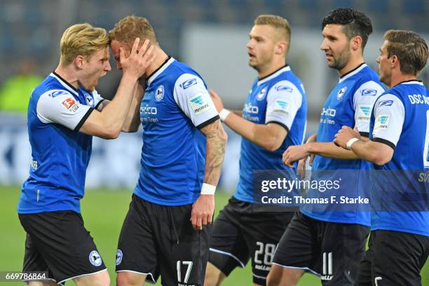 Andreas Voglsammer, Christoph Hemlein, Florian Hartherz, Stephan Salger and Tom Schuetz of Bielefeld celebrate during the Second Bundesliga match...