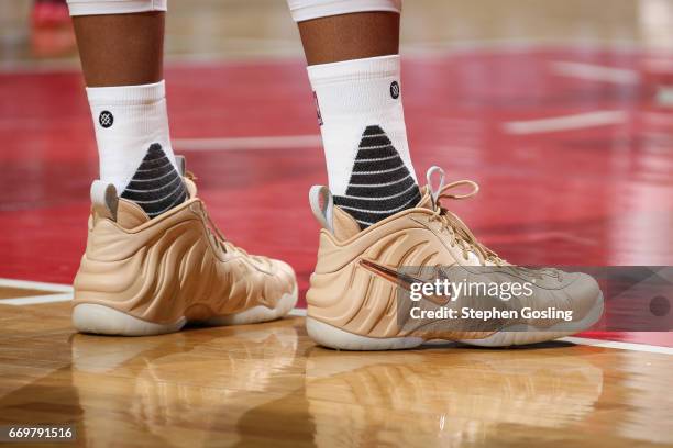 The shoes of Markieff Morris of the Washington Wizards during the Eastern Conference Quarterfinals game against the Atlanta Hawks during the 2017 NBA...