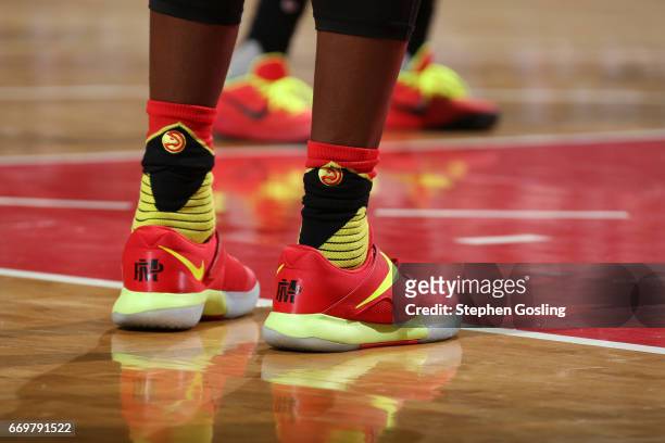 The shoes of Paul Millsap of the Atlanta Hawks during the Eastern Conference Quarterfinals game against the Washington Wizards during the 2017 NBA...