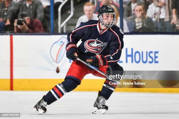 Zach Werenski of the Columbus Blue Jackets skates against the Pittsburgh Penguins in Game Three of the Eastern Conference First Round during the 2017...