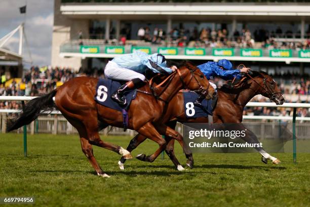 William Buick riding Sound And Silence win The Montaz Restaurant EBF Stallions Novice Stakes at Newmarket Racecourse on April 18, 2017 in Newmarket,...