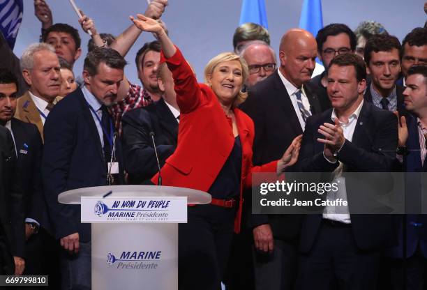 French presidential candidate Marine Le Pen of Front National party - protected by her bodyguard Thierry Legier - holds a campaign rally at Zenith of...