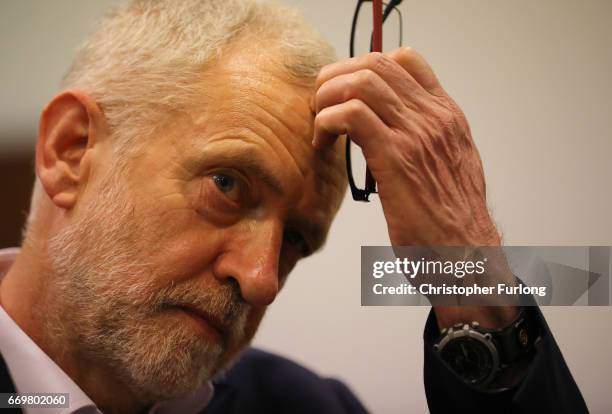 Labour party leader Jeremy Corbyn during a visit to Birmingham Carers Hub to launch Labour's proposed Carer's Allowance increase on April 18, 2017 in...