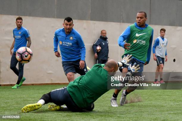 Jonathan Biabiany of FC Internazionale shoots during FC Internazionale training session at Suning Training Center at Appiano Gentile on April 18,...