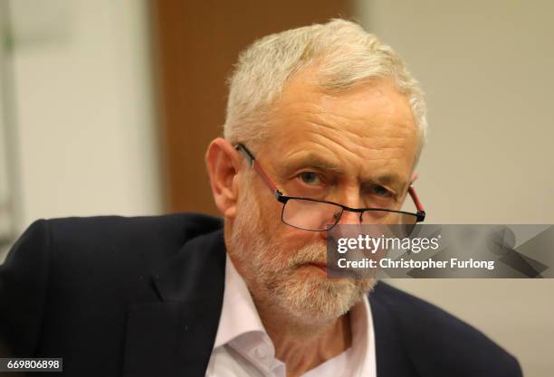 Labour party leader Jeremy Corbyn during a visit to Birmingham Carers Hub to launch Labour's proposed Carer's Allowance increase on April 18, 2017 in...