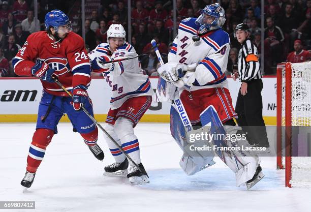 Henrik Lundqvist of the New York Rangers makes a save off the shot by Phillip Danault the Montreal Canadiens in Game Two of the Eastern Conference...