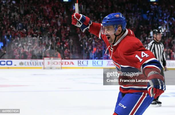 Tomas Plekanec of the Montreal Canadiens celebrates after scoring a goal against the New York Rangers in Game Two of the Eastern Conference...