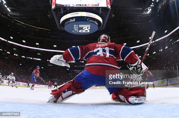 Carey Price of the Montreal Canadiens defends the goal against the New York Rangers in Game Two of the Eastern Conference Quarterfinals during the...