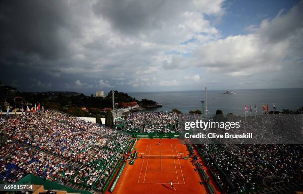 General view of Court Rainier lll as Novak Djokovic of Serbia plays against Gilles Simon of France in their second round match on day three of the...
