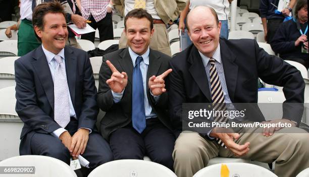 Mark Nicholas, Michael Slater and Tony Greig, all former players now television commentators, pose for a photograph during the 5th Ashes Test match...