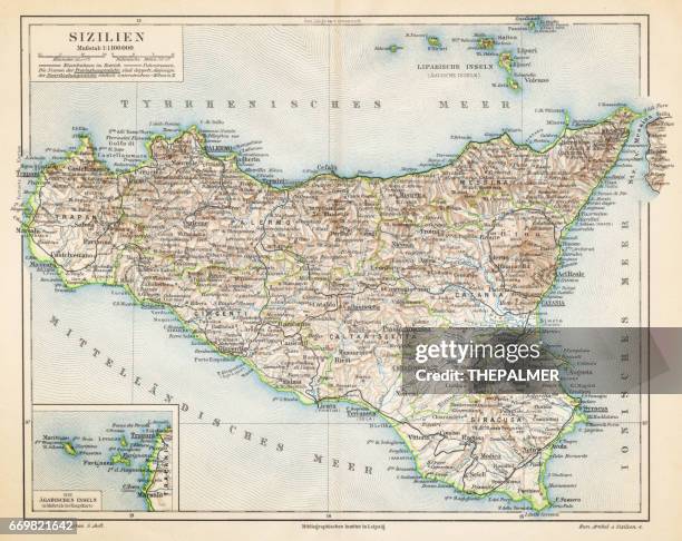 sizilien landkarte 1895 - sizilien stock-grafiken, -clipart, -cartoons und -symbole