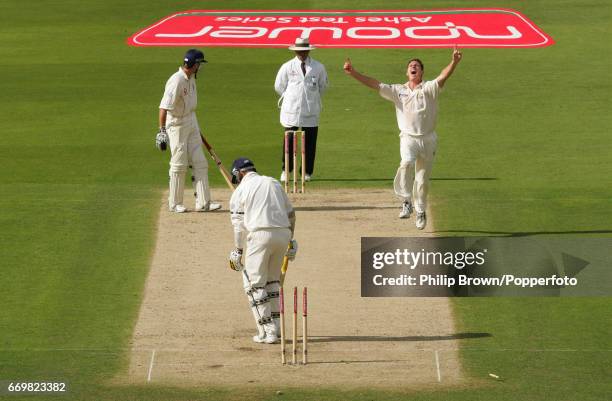 Shaun Tait of Australia celebrates taking his first Test wicket after bowling Marcus Trescothick during the 4th Ashes cricket Test match between...