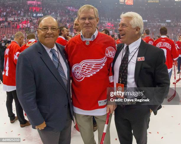 From L to R Scotty Bowman, Dennis Hextall, and Barry Smith of the Detroit Red Wings pose for a picture after the final home game ever played at Joe...