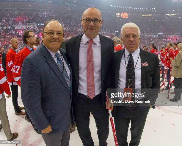 From L to R Scotty Bowman, Jeff Blashill and Barry Smith of the Detroit Red Wings pose for a picture after the final home game ever played at Joe...
