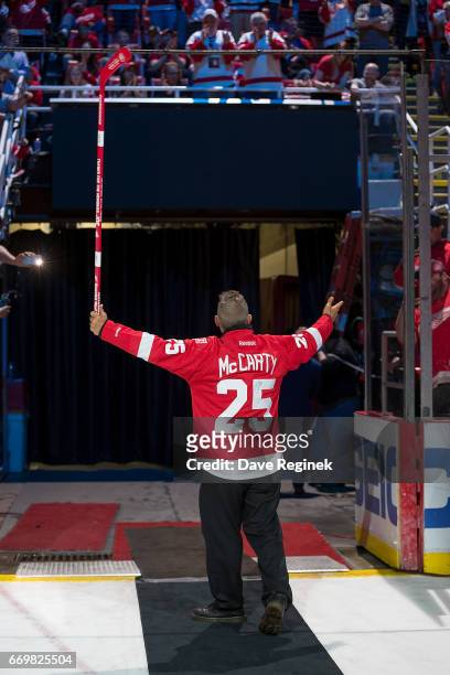 Former Detroit Red Wing Darren McCarty walks out for post game ceremonies after the final home game ever played at Joe Louis Arena between the...