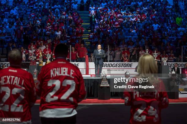 Former head coach of the Detroit Red Wings Scotty Bowman speaks during post game ceremonies after the final home game ever played at Joe Louis Arena...