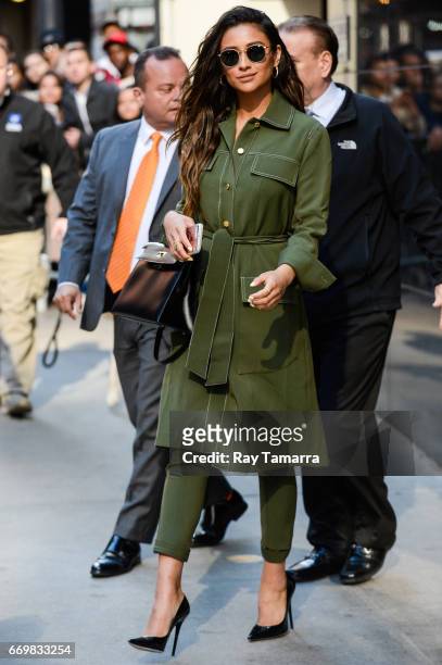 Actress Shay Mitchell leaves the "Good Morning America" taping at the ABC Times Square Studios on April 18, 2017 in New York City.