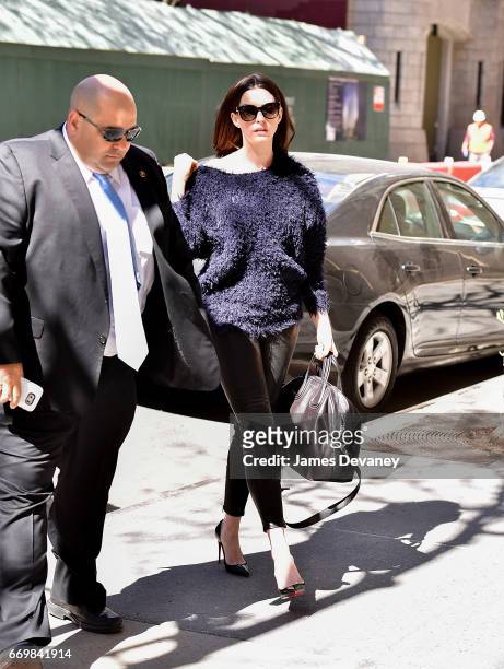 Anne Hathaway arrives to ABC's "The View" on the Upper West Side on April 18, 2017 in New York City.
