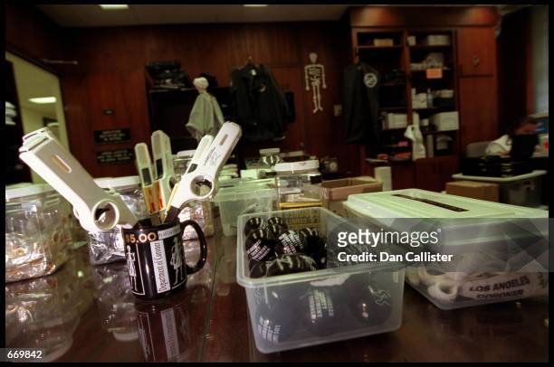 Gift ideas with a black sense of humor sit for sale inside "Skeletons in the Closet," the Los Angeles County Coroners Gift Shop, July 21, 2000 in Los...