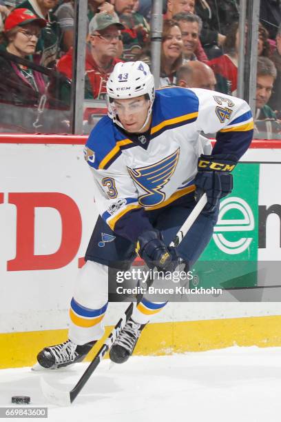 Jordan Schmaltz of the St. Louis Blues skates with the puck against the Minnesota Wild in Game One of the Western Conference First Round during the...