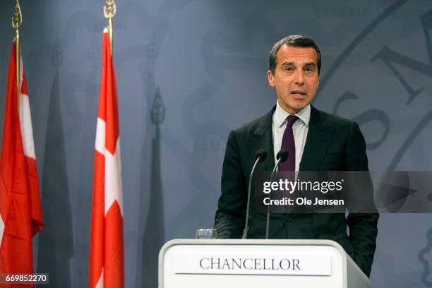 Austrian Chancellor Christian Kern speaks during the joint press conference with Danish Prime Minister Lars Loekke Rasmussen at the Ministry of State...