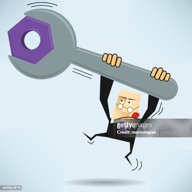ilustraciones, imágenes clip art, dibujos animados e iconos de stock de empresario y llave inglesa - screw fastener